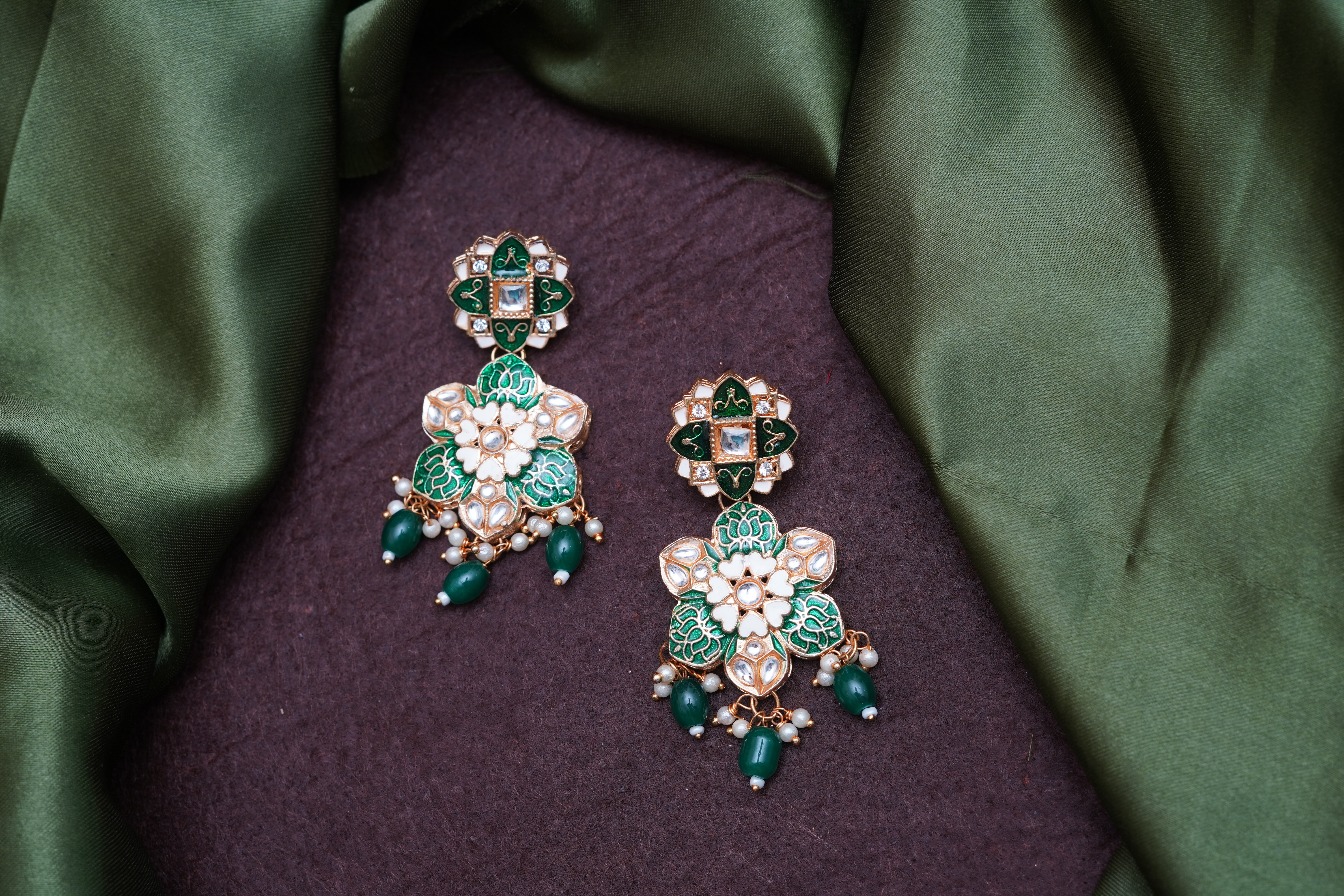 Orek Royal Green Enamel Gold-Plated Kundan Dangler Earrings with Bead Drops